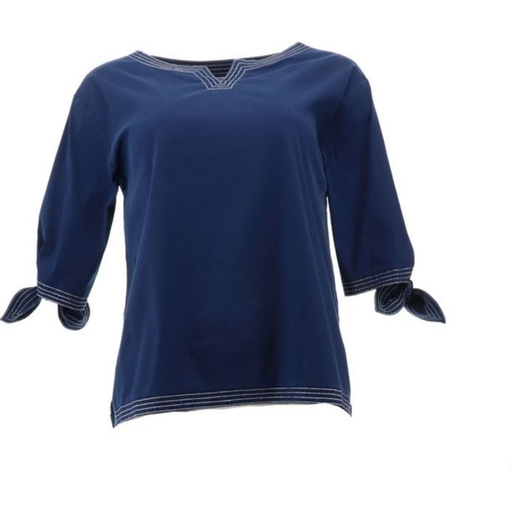 NWT LANDS' END WOMEN'S 3/4 SLEEVE POPLIN TIE SLEEVE SHIRT DEEP SEA NAVY 2P